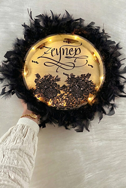 ZEYMERADE Siyah Ledli Şeffaf Kaligrafi Gelin Tefi 30cm Vip Güpürlü Ve Tüylü D...