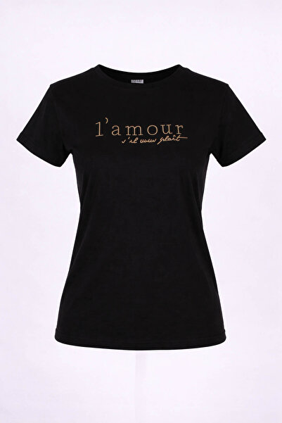 trender L'Mour Written O-Neck Black Women's T-Shirt 26Ydt1000006