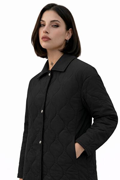 Gizrain Women's Black Waterway Patterned Oversized Quilted Jacket with Snap B...