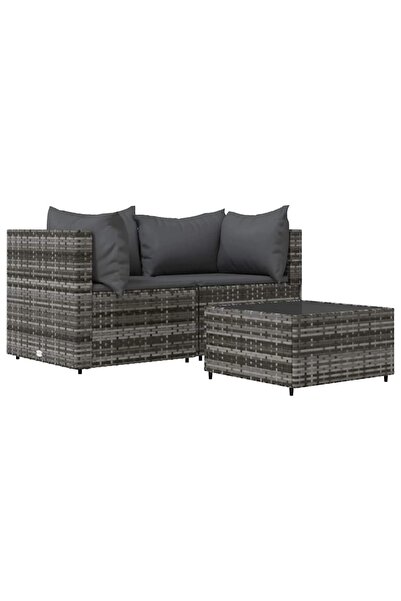 vidaxl Set mobilier de grădină cu perne, 3 piese, gri, poliratan