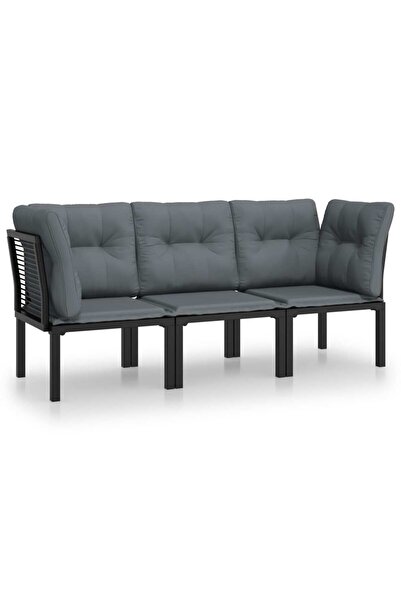 vidaxl Set mobilier de grădină cu perne, 3 piese, negru/gri, poliratan