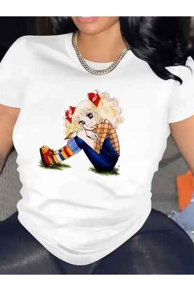 LİNA06 Cartoon Graphic Fashion Round Neck Sports Short Sleeve T-Shirt Top Wom...