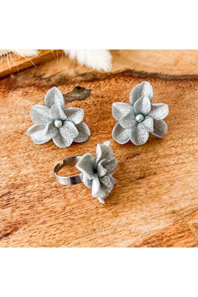 MYGRACE Flower Earrings and Ring Set, Silver Metallic, Handmade