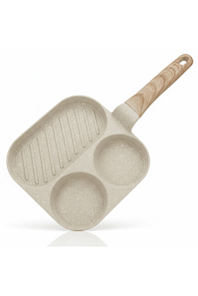 AKDC 3-in-1 Multi-Section Non-Stick Pan with Wooden Handle – Beige, 20 cm