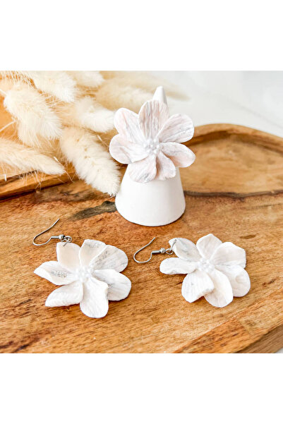 MYGRACE Flower Earrings and Ring Set, White Marble, Handmade
