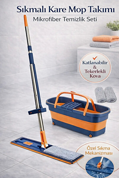Berdina Home Katlanabilir Kendinden Sıkmalı Mop ve Tekerlekli Kova Mikrofiber...