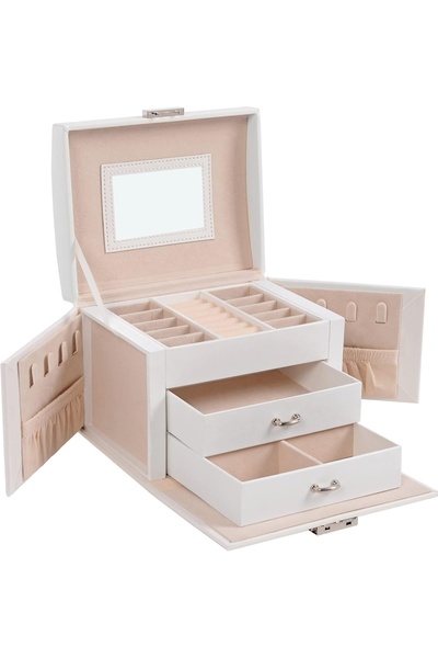 SONGMICS Jewelry Box, MDF/PU Leather/Velvet, White/Pink, 17.5 x 13.5 x 12 cm