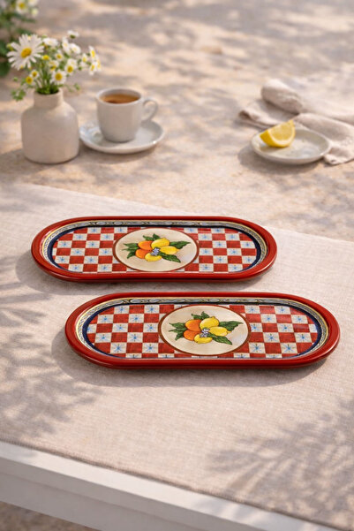 Sarkap Home 16x35 cm 2'li Lemon Design Kırmızı Sunumluk Tepsi