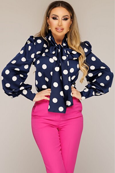 Atmosphere Fashion Elegant navy blue blouse with white polka dots,M