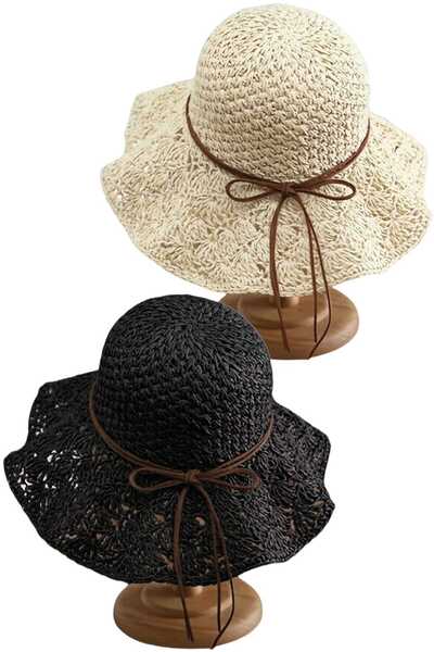 Mood Agenda قبعة نسائية صيفية من القش بتصميم شبكي وحافة واسعة، قبعة شاطئ بوهي...