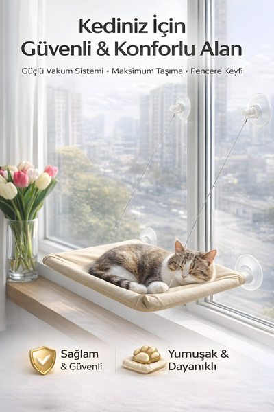 Arfseb Vakumlu Kedi Pencere Yatağı Güçlü Vantuzlu, Konforlu Askılı Kedi Hamak