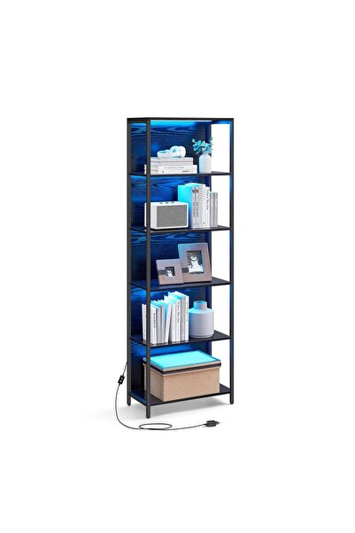 VASAGLE Bookshelf, 6 levels, LED, steel/PAL, black, 60 x 30.3 x 178.6