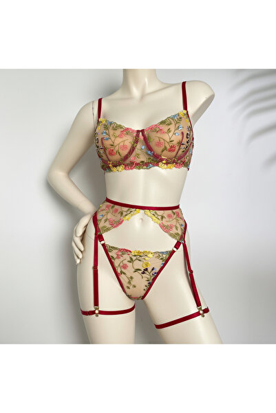 Luraxa Sheer lingerie set with colorful floral embroidery