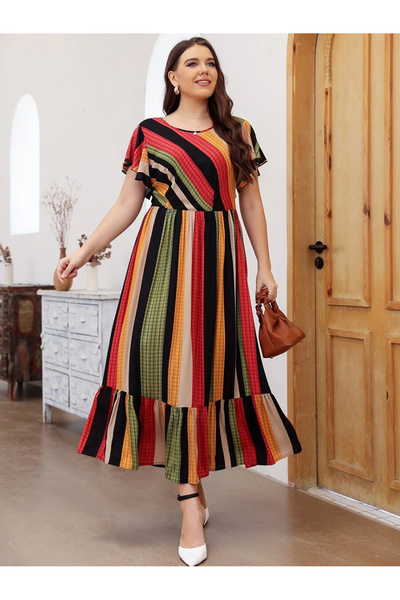 FridayIn Casual Round neck Geometry Regular sleeve Plus Size Dresses