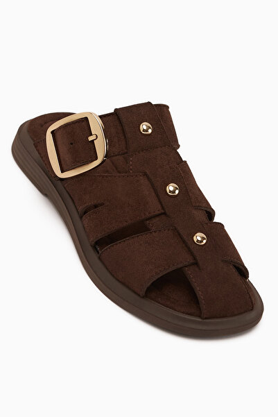 Limoya Joella Brown Suede Buckle Women's Slippers