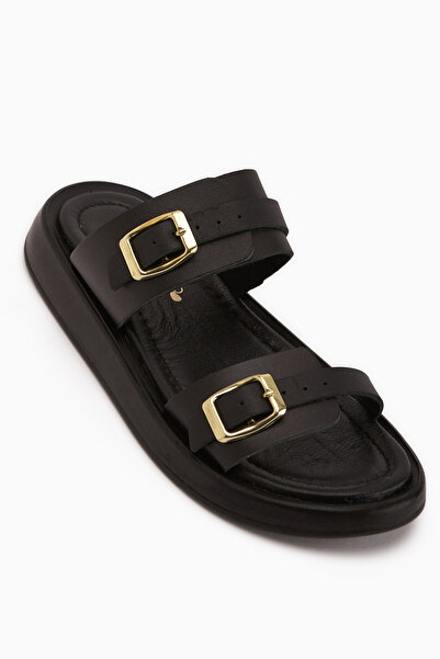 Limoya Matea Genuine Leather Black Double-Strapped Women's Slippers