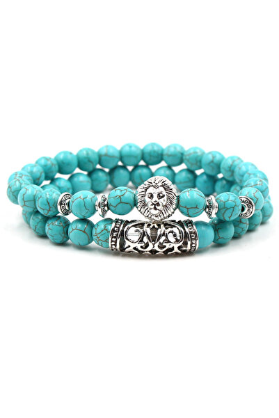 EFAYN.RO Semi-precious stone bracelet, lion pendant, handmade, turquoise, uni...