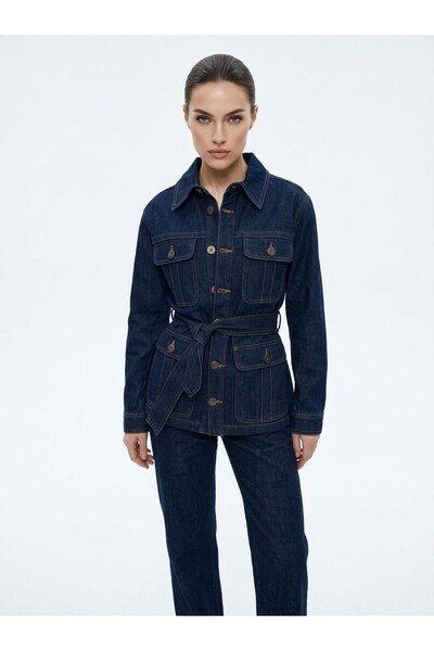 SUPER FASHION CLUB Women's Denim Belted Pocketed Buttoned Denim Jacket