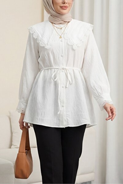Modamorfo Модална туника с бебешка яка, назъбена талия и връзка - екрю