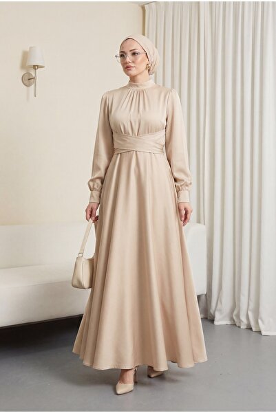 Modamorfo Round neck satin dress with crossed waist tie - beige