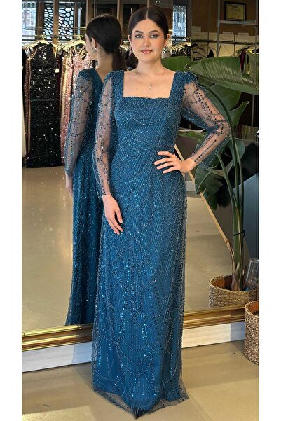 Abiyeniall Petrol Renk Kare Yaka Uzun Kollu Kloş Etekli Pullu Boncuklu Uzun A...