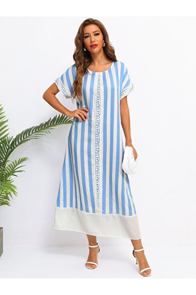 FridayIn فستان نسائي طويل فضفاض بخطوط وياقة مستديرة بتصميم بسيط