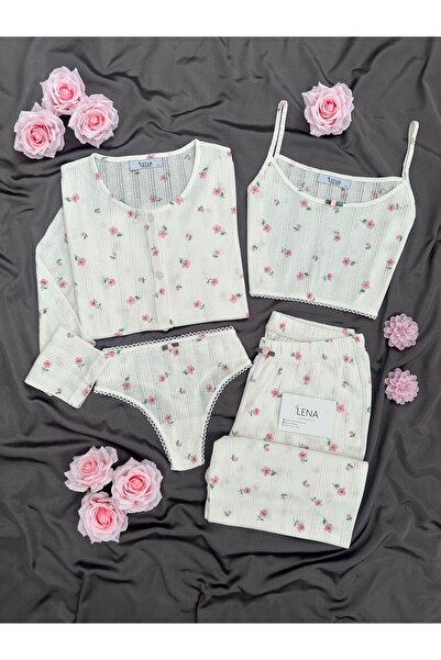 Lena Homewears Women's Pink Rose 4-Piece Cotton Pajama Set