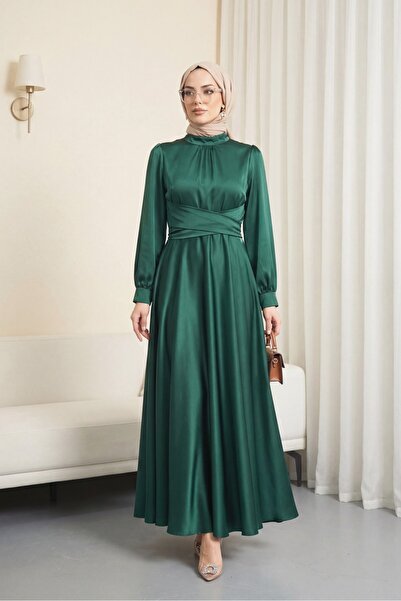 Modamorfo Round neck satin dress with crossed waist tie - emerald