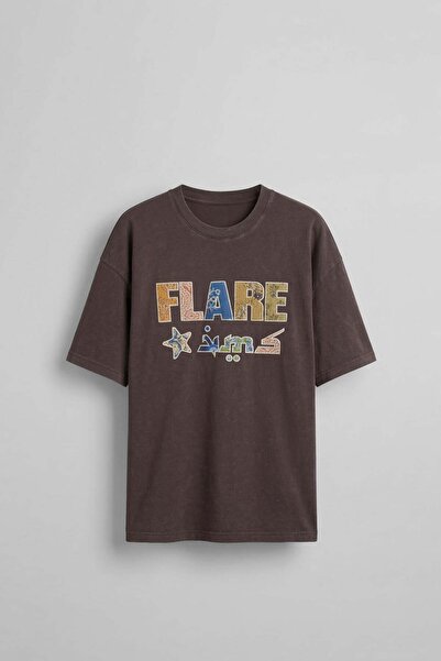 ablukaonline Ανδρικό μπλουζάκι oversize με κέντημα patchwork σε καφέ χρώμα