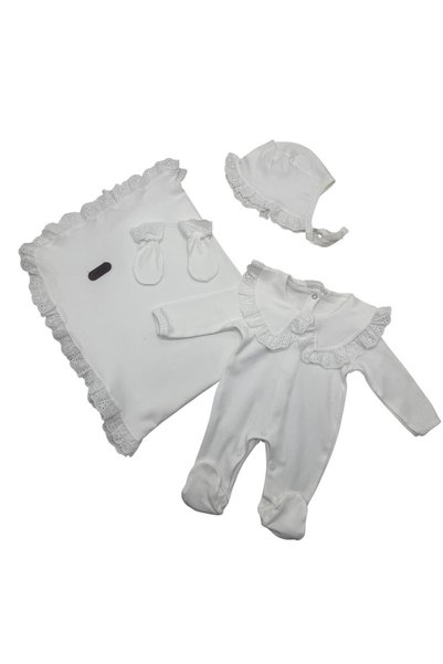 Baby day Premium 5-Piece Newborn Baby Girl Layette Set – White – Soft Lace Design
