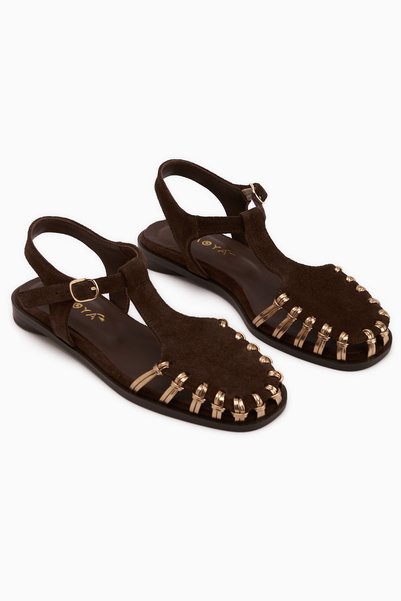 Limoya Kiera Genuine Leather Brown Suede Belted Women's Sandals