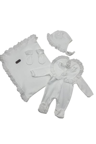 Baby day Premium 5-Piece Newborn Baby Girl Layette Set – White – Soft Lace Design