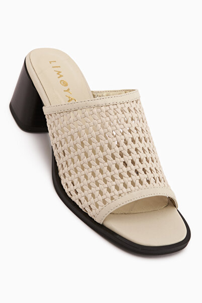 Limoya Papuci de damă Luzia din piele naturală bej, tricotați manual, cu toc