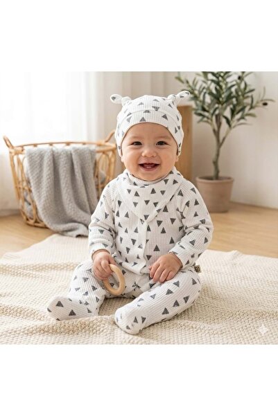 jijek baby kids Triangle Patterned Ribbed Cotton Fabric Baby Romper Set with ...
