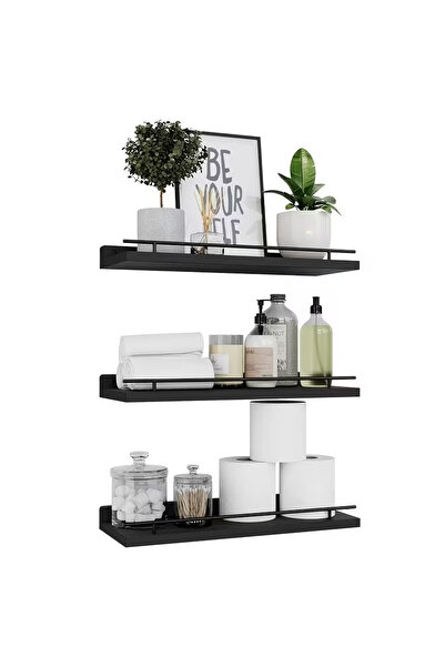 Sumkyle 3pieces Floating Shelves with Black Metal Guardrail, for Bedroom, Bat...