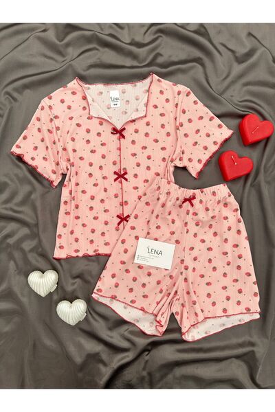 Lena Homewears Set de pijamale pentru femei, roz, cu imprimeu căpșuni, cu pan...