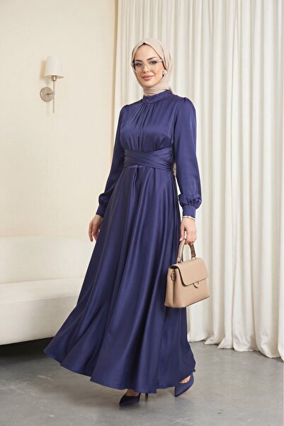 Modamorfo Round neck satin dress with crossed waist tie - navy