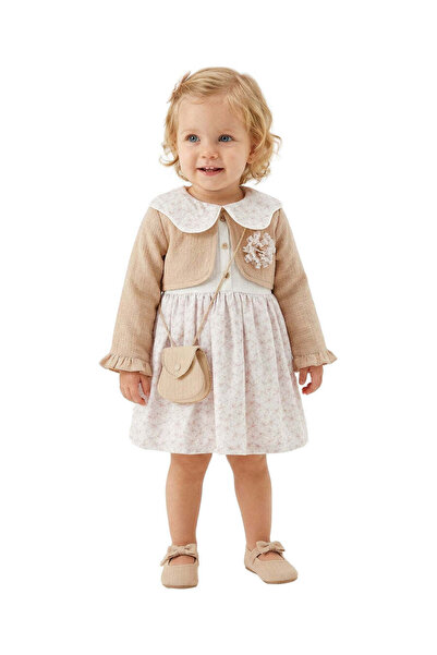 The-kid.co Royal Blossom 3-Piece Girls Dress Set - Camel