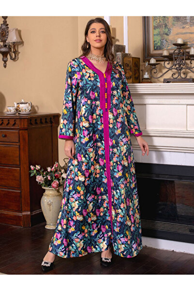 FridayIn Sweet V-neck Color contrast Floral Embroidery Buttons Regular sleeve...