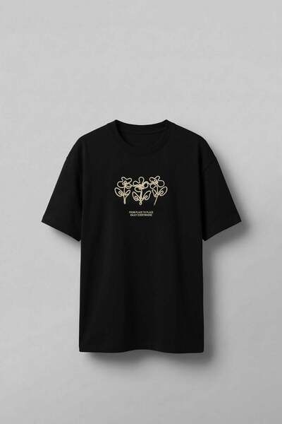 ablukaonline Ανδρικό T-Shirt Oversize με Κέντημα Λουλουδιών Μαύρο