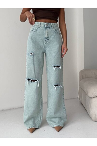 ADAMODA.RO Τζιν με φαρδιά μπατζάκια και πολλαπλά σκισίματα