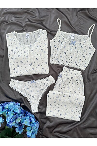 Lena Homewears Дамски памучен пижамен комплект от 4 части със сини рози