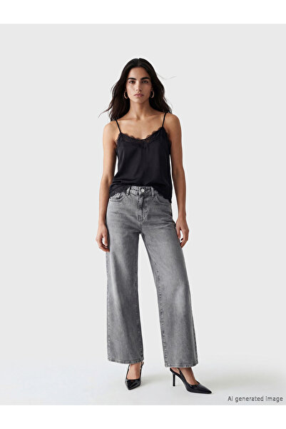 LC Waikiki Gray High Waist Wideleg Women's Jean Trousers