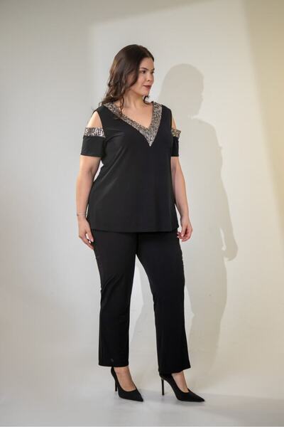 Roxxlen Set de damă cu decolteu în V și paiete, mărime mare