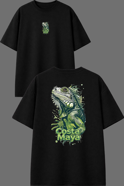 VSRN Costa Chameleon Design Front and Back Printed Black Oversize T-Shirt