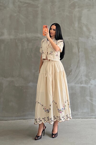 OKSOCOLLECTİON Nakışlı Etek Bluz Keten Takım
