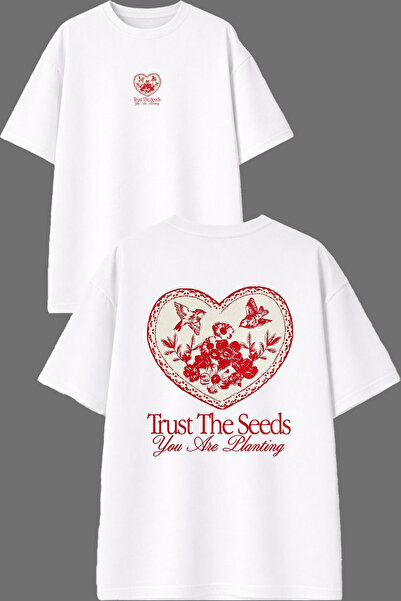 VSRN تي شيرت أبيض كبير الحجم مطبوع من الأمام والخلف بتصميم Trust The Seeds