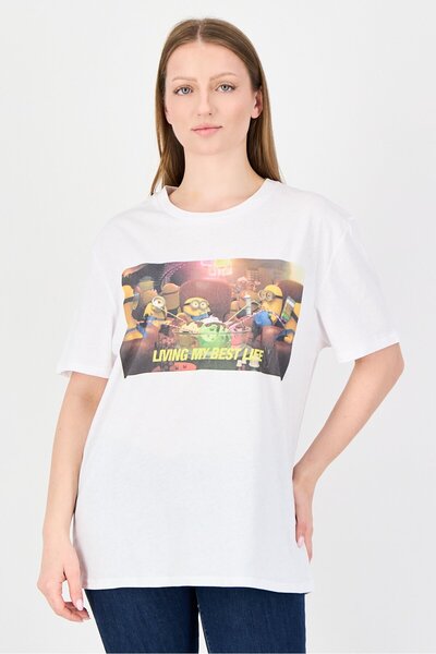 Undiz x Minions Women Crew Neck Short Sleeve Graphic Print T-shirt, White