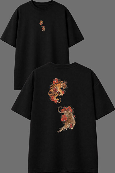 VSRN Tiger and Cheetah Design Front and Back Printed Black Oversize T-Shirt