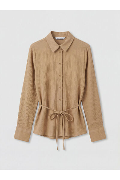 LC Waikiki Khaki Belted Women's Seersucker Shirt by Güli̇s Gi̇yi̇m